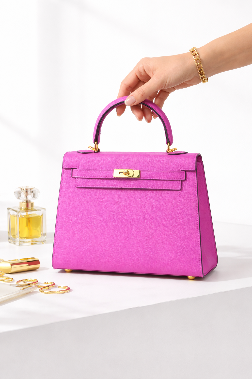 Rosé Royale Vertical Square Bag with Gold Lock Detail Rosé Royale Structured Bag Vertical Genuine Leather Handbag