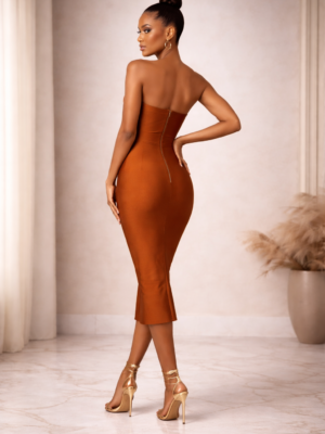 Caramel Feather Statement Midi Dress