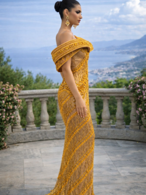 The Golden Meridian Architectural Fringe Gown