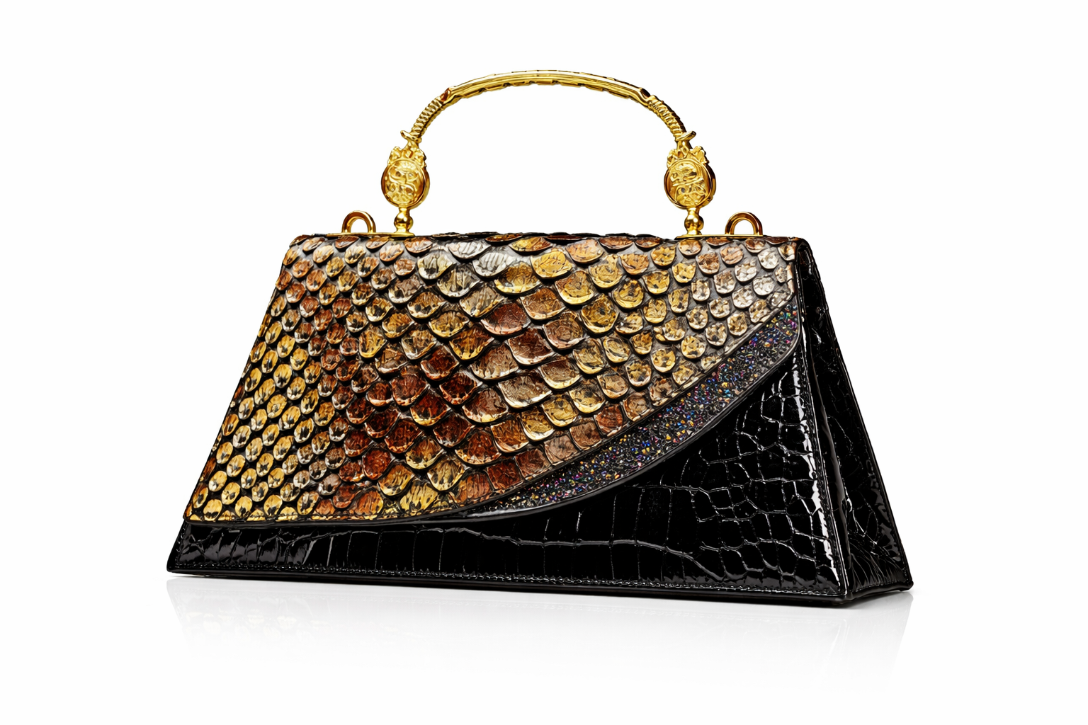 Stunning Dynasty Metallic Scale Bag in Gold and Bronze Dynasty Metallic Scale Top Handle Bag Textured Evening Handbag