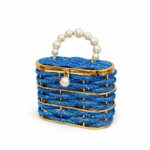 Azure Pearl Crystal Frame Clutch with blue crystals and pearl handle