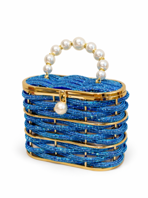 Azure Pearl Crystal Frame Clutch with blue crystals and pearl handle