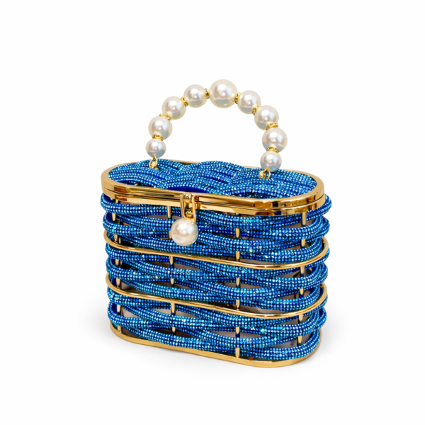 Azure Pearl Crystal Frame Clutch with blue crystals and pearl handle