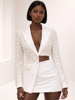 Ivory Pearl-Embellished Blazer & Skirt Set - Stunning Pearl Embellished Two-Piece Set
