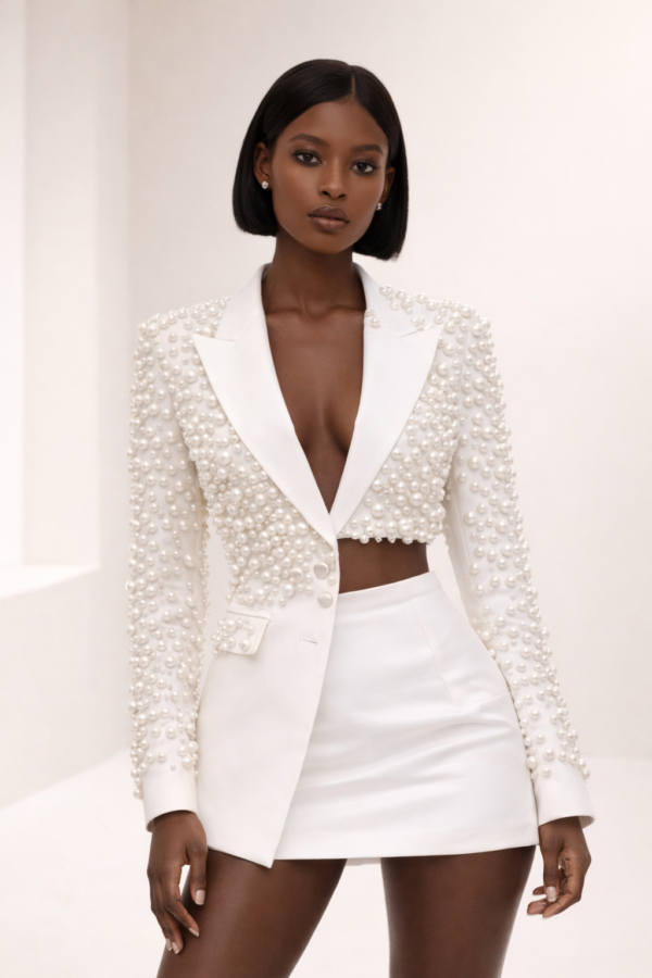 Ivory Pearl-Embellished Blazer & Skirt Set - Stunning Pearl Embellished Two-Piece Set
