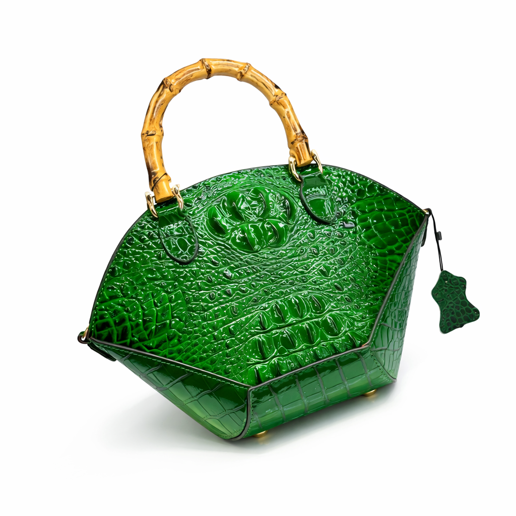 Emerald Green Crocodile Embossed Bag with Natural Bamboo Handle Emerald Croc Bamboo Luxe Bag Crocodile Embossed Bamboo Handle Bag