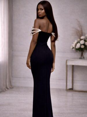 Off-Shoulder Pearl Maxi Dress Black