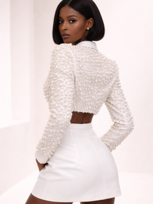 Ivory Pearl-Embellished Cropped Blazer & Mini Skirt Set