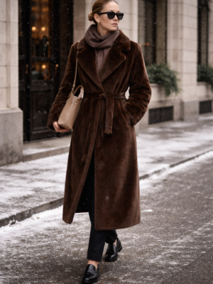 Tailored Maxi Winter Coat in chocolate brown with structured lapel collar and detachable waist belt