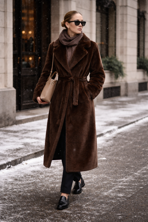Tailored Maxi Winter Coat in chocolate brown with structured lapel collar and detachable waist belt