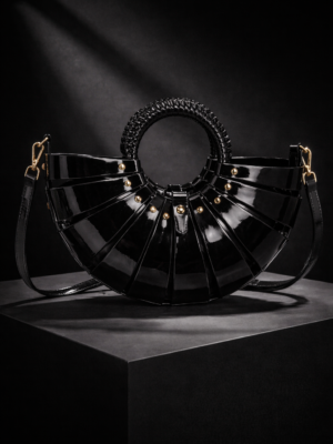 Eclipse Rivet Top Handle Bag Glossy Shell Shaped Handbag Black