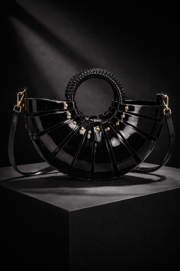 Eclipse Rivet Top Handle Bag Glossy Shell Shaped Handbag Black