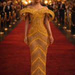 The Golden Meridian Architectural Fringe Gown - Sculpted Gold Metallic Evening Dress