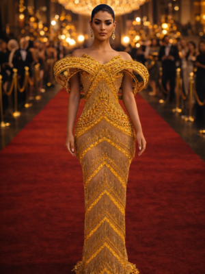 The Golden Meridian Architectural Fringe Gown - Sculpted Gold Metallic Evening Dress