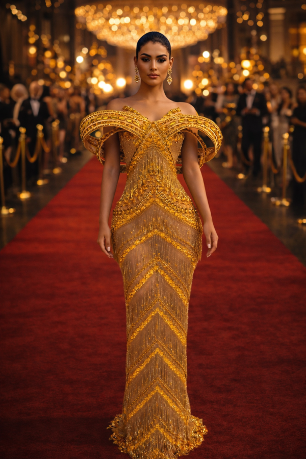 The Golden Meridian Architectural Fringe Gown - Sculpted Gold Metallic Evening Dress