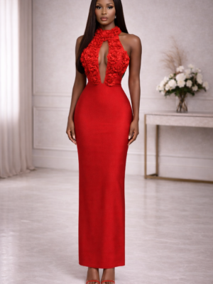 The Scarlet Bloom Halter Bandage Dress - Stunning Red Floral Bandage Gown