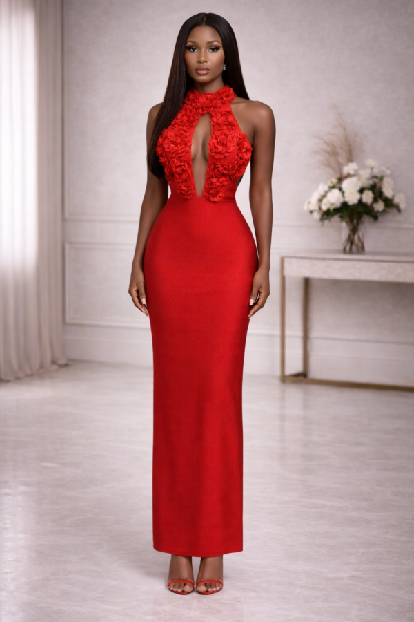 The Scarlet Bloom Halter Bandage Dress - Stunning Red Floral Bandage Gown