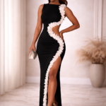 The S-Line Floral Maxi - Black Evening Gown with White Floral Appliqué