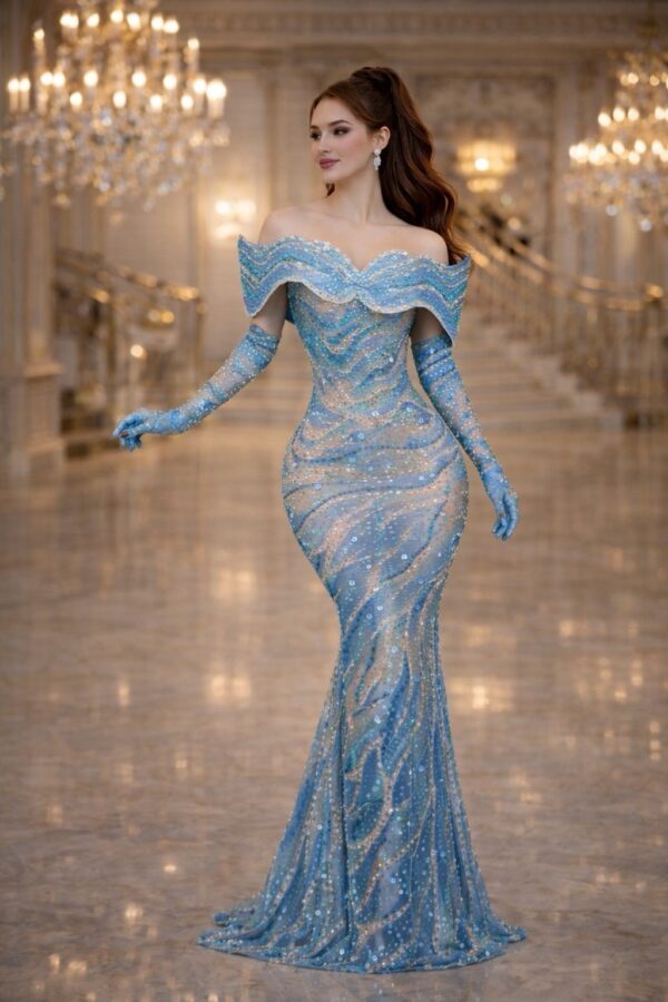 The Celeste Royale Embellished Gown - Icy Blue Luxury Dress with Crystal Waves