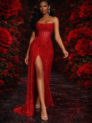 The Valentina Rose Evening Dress - Stunning Rose Red Sequin Corset Gown