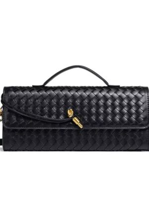 Woven Genuine Leather Clutch Bag - Black