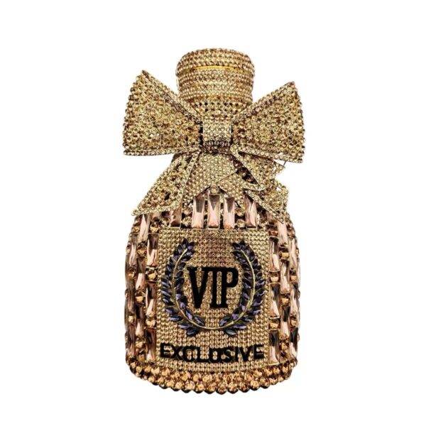 Golden Crystal Bottle Clutch with crystal embellishments and gold detailing