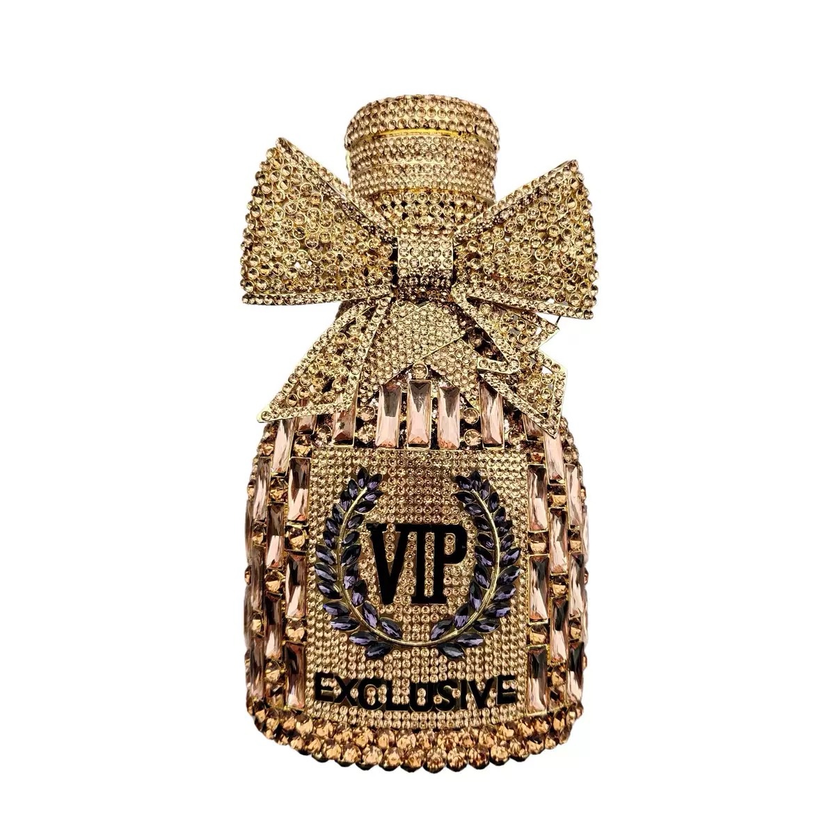 Golden Crystal Bottle Clutch with crystal embellishments and gold detailing Golden Crystal Bottle Clutch with crystal embellishments and gold detailing