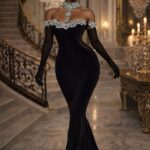 The Noir Dynasty Gown - Sculpted Black Evening Dress with Crystal Floral Embellishments