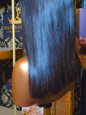 Front view of Belioras Sunset Black Wig 14 inch showing sleek bone straight texture