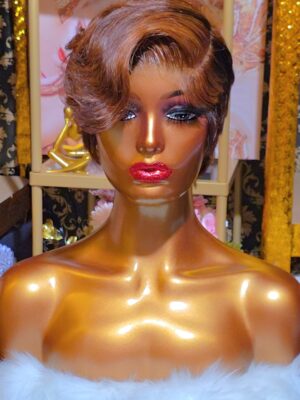 Front view of Chocolate Brown Human Hair Pixie Wig showing chic tapered cut and Swiss Lace hairline