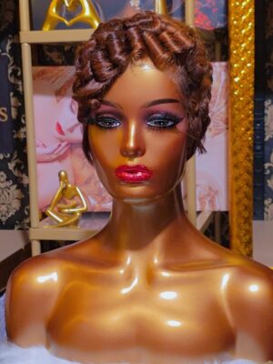 Front view of Mocha Soft Curl Pixie Wig showing natural brown tones and textured curls