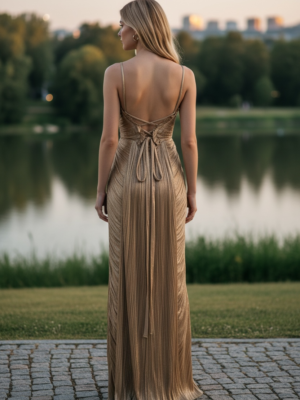 The Gold Structured Pleated Maxi Dress